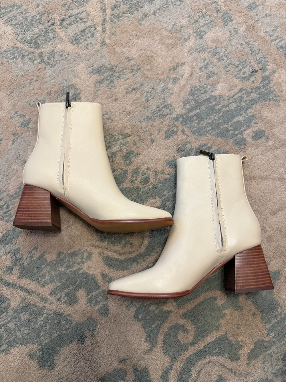 Marc Fisher Cream Leather Ankle Booties with Stacked Wood Heel